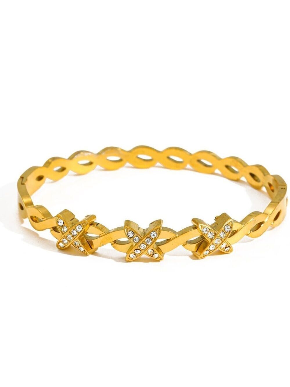 18K Gold Plated Zircon X-Link Bracelet Bangle Waterproof, Tarnish Proof